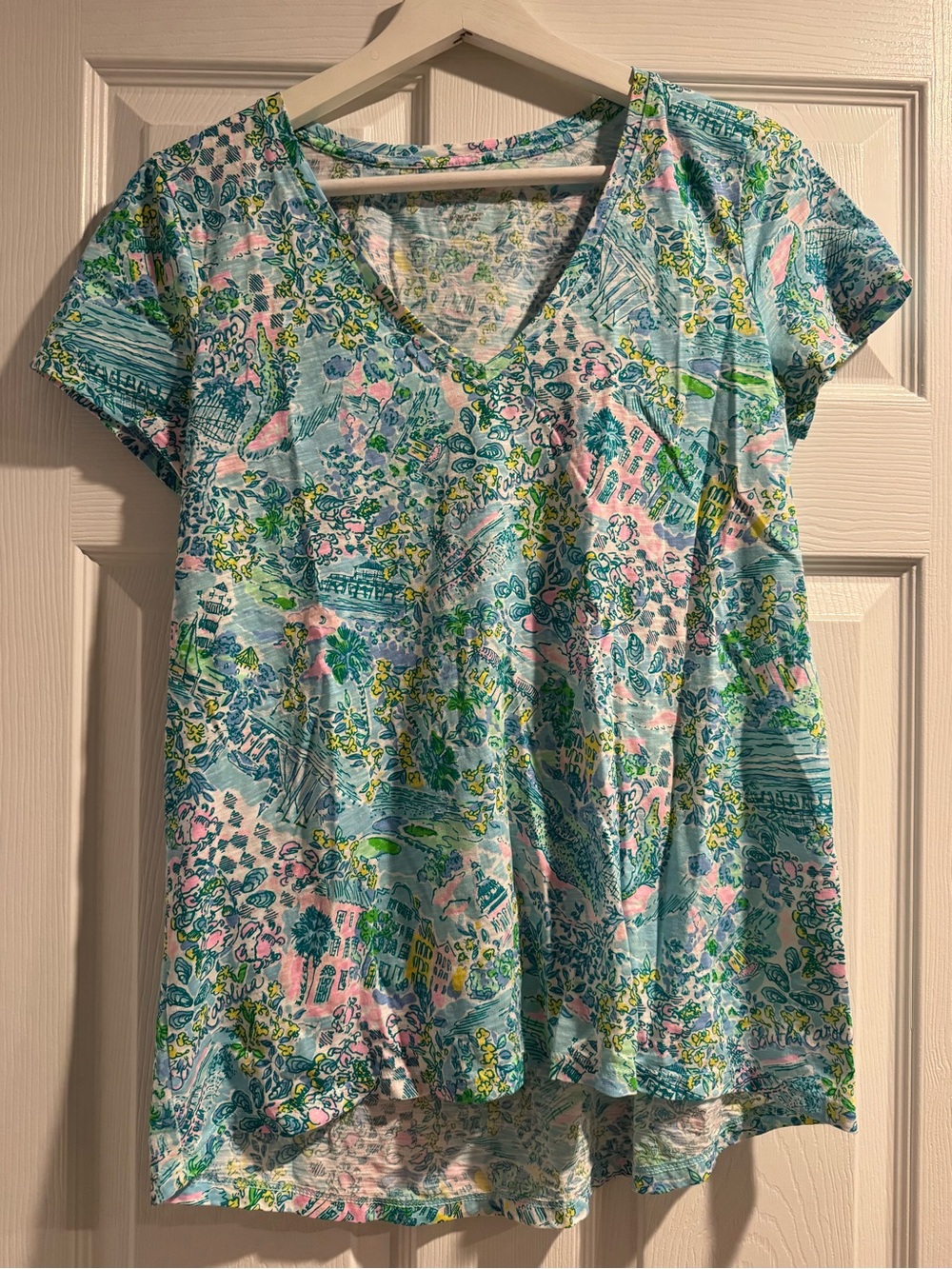 Lilly Pulitzer V-Neck Short Sleeve Top - Pastel Blue, Pink & Green